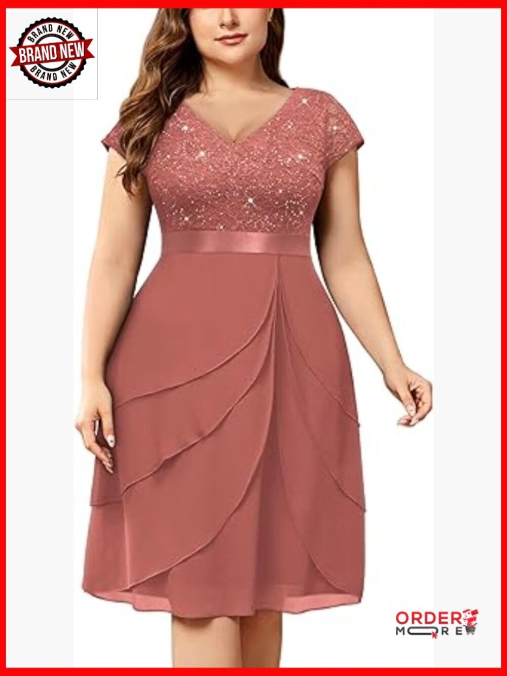 Plus Size Sequin Lace V Neck Cap Sleeve Tiered Chiffon Cocktail Party Dress